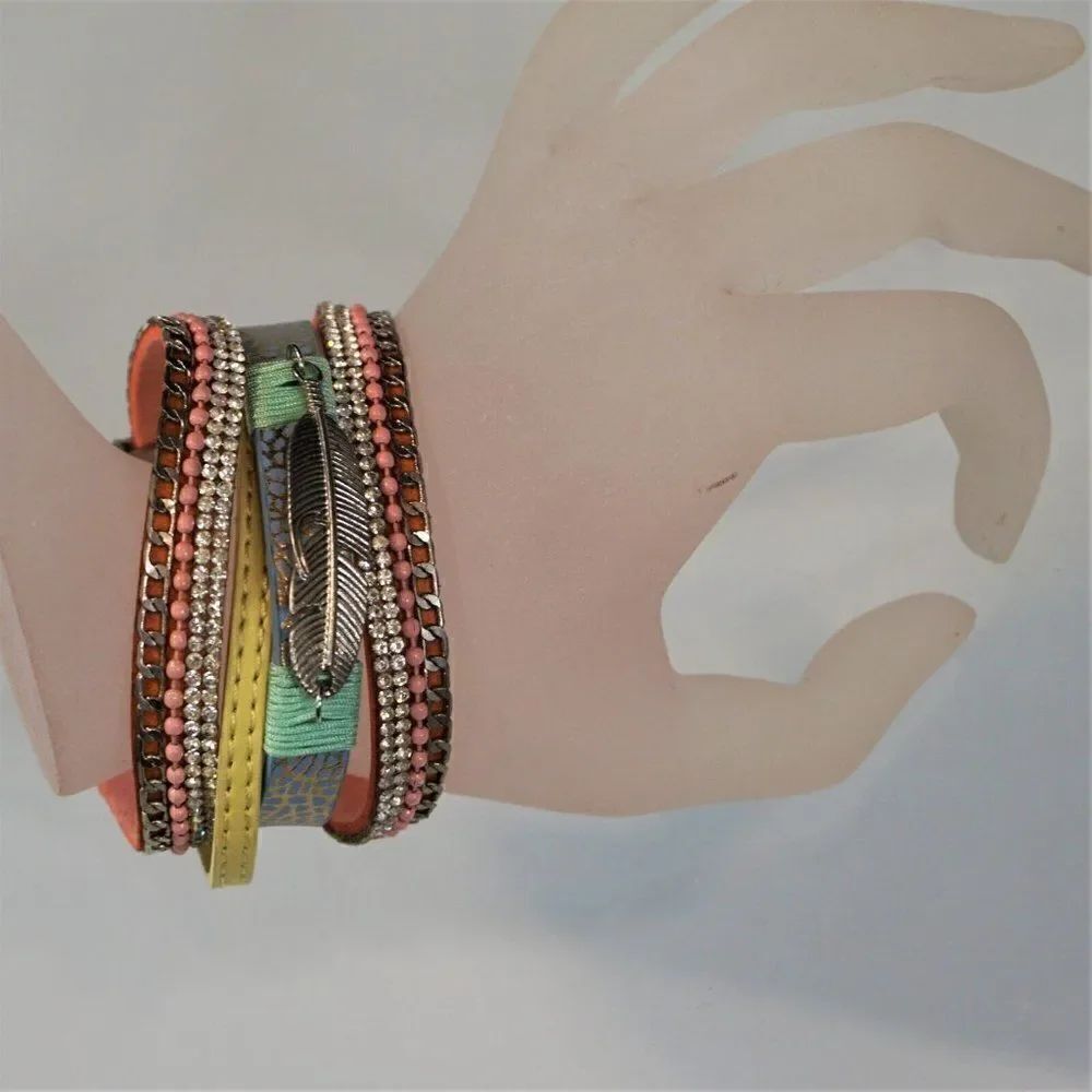 Feather Charm Faux Leather Wrap Bracelet Bling Multi Layer With Magnetic Clasp